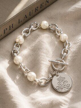 Ralph Lauren Pearl Toggle Bracelet Silver Tone Logo Disc Charm 8"